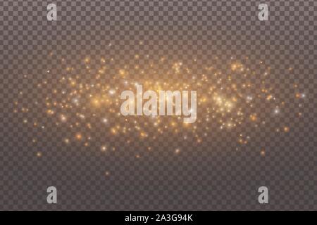 Abstract flying magical dust isolated on a transparent dark background. Golden dust and glares. Christmas lights. Light effect. Vector illustration. E Stock Vector