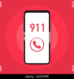 Call 911, emergency call concept. Hand holding smartphone, finger touching call button. Vector stock illustration. Stock Vector