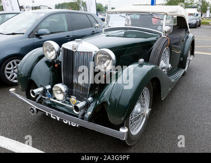 A  Green,1937, MG VA Tourer, on display in the car cub zone of the 2019 Silverstone Classic Stock Photo
