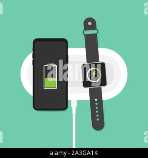 Wireless charging for smartphone and smart watch. Innovative modern technological accessories. Vector stock illustration flat design Stock Vector
