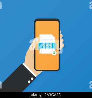 Download CSS button on smartphone screen. Downloading document concept. File with CSS label and down arrow sign. Vector stock illustration. Stock Vector