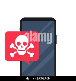 Smartphone with speech bubble and skull and crossbones on screen. Threats, mobile malware, spam messages. Vector stock illustration. Stock Vector