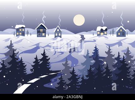 Winter landscape with road, houses and trees. Village with full moon. Happy new year and Merry Christmas card. Vector illustration Stock Vector