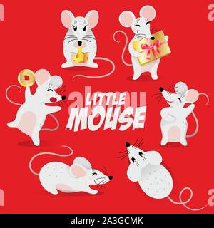 Chinese new year symbol set - cute mouse with cheese, gift box and coin Stock Vector