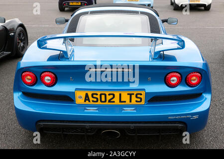 Rear view of a Blue, 2013, Lotus Exige S, on display at the 2019 Silverstone Classic Stock Photo