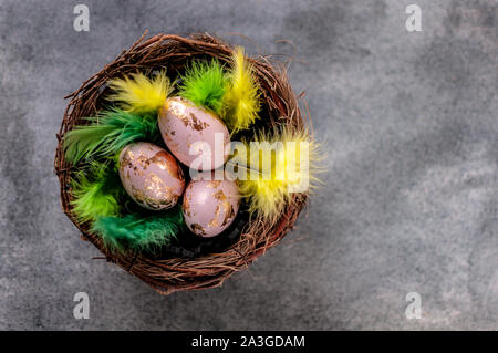 Easter eggs, painted and gold foiled, in a nest with green and yellow feathers. Traditional easter decoration on a grundge granite or concrete backgro Stock Photo