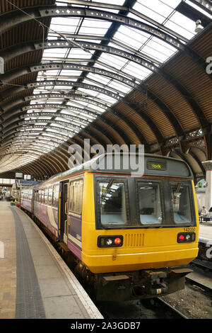 Northern rail class 142 Pacer diesel multiple unit no. 142050 at York station, UK. Stock Photo