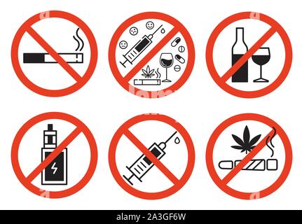 Forbidding vector signs. No smoking, no drugs, no vaping and no alcohol. Isolated illustration on white background. Stock Vector
