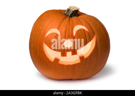 Orange kind smiling illuminated Halloween pumpkin  isolated on white background Stock Photo