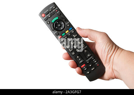 Hand hold a TV remote control on white background Stock Photo