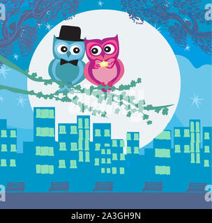 Invitation card - owls in love sitting on the branch Stock Photo - Alamy