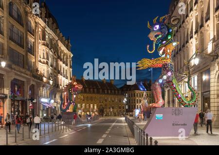 France, Nord, Lille, Lille 3000 Eldorado, Alebrijes (giant creatures in whimsical colors) along Faidherbe street overlooking the Lille Flandres train station Stock Photo