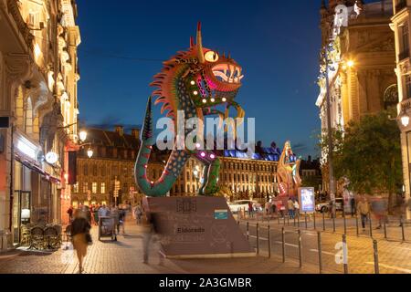 France, Nord, Lille, Lille 3000 Eldorado, Alebrijes (giant creatures in whimsical colors) along Faidherbe street overlooking the Lille Flandres train station Stock Photo