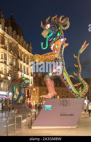 France, Nord, Lille, Lille 3000 Eldorado, Alebrijes (giant creatures in whimsical colors) along Faidherbe street overlooking the Lille Flandres train station Stock Photo