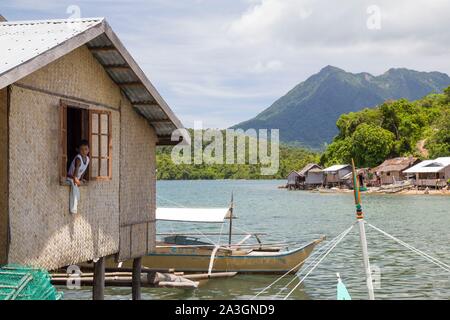 Philippines, Palawan, Malampaya Sound Protected Landscape and Seascape, fishermen village on a small island in the middle of the sound Stock Photo