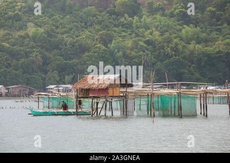 Philippines, Palawan, Malampaya Sound Protected Landscape and Seascape, typical fishing gear with a bamboo structure maintaining fish nets Stock Photo