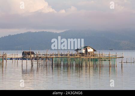 Philippines, Palawan, Malampaya Sound Protected Landscape and Seascape, typical fishing gear with a bamboo structure maintaining fish nets Stock Photo