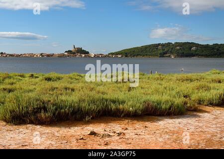 France, Aude, Narbonne, Corbieres, Gruissan, the old village and the castle, medieval military fortress dominated by the 13th century Barberousse Tower Stock Photo