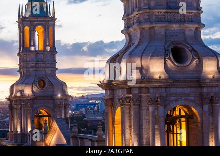 Peru, Arequipa, or White City, registered World Heritage site by UNESCO, colonial center, Plaza de Armas and Notre Dame Cathedral Stock Photo