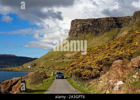 United Kingdom, Scotland, Highland, Inner Hebrides, Isle of Mull west coast, narrow coastal road towards Balnahard and Loch Na Keal Stock Photo