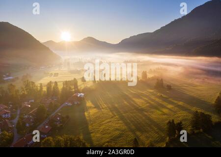 Sunrise with ground fog, Jachenau, Isarwinkel, aerial view, Upper Bavaria, Bavaria, Germany Stock Photo