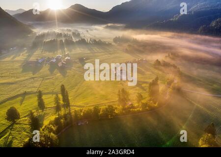 Sunrise with ground fog, Jachenau, Isarwinkel, aerial view, Upper Bavaria, Bavaria, Germany Stock Photo