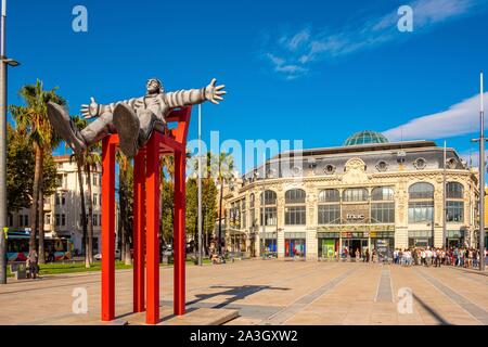 France, Pyrenees Orientales, Perpignan, Catalonia Square, Dali in Levitation of the artists Pritchards and the store of Fnac Stock Photo