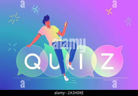 Man playing quiz with smartphone mobile app concept vector illustration of teenager sitting on speech bubbles quiz and answering questions. Happy brig Stock Vector