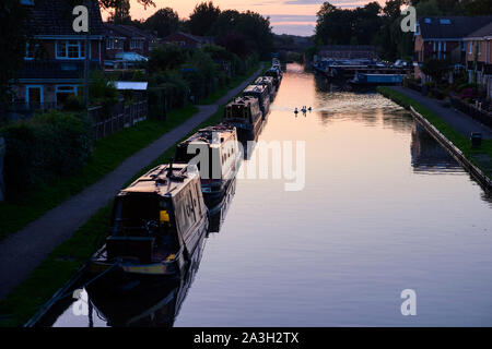 Narrowboats moored at Market Drayton on a summer evening at dusk Stock Photo