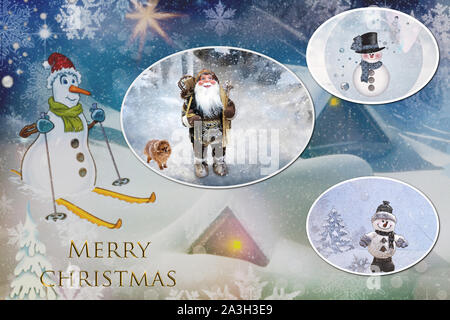 Collage of four Christmas images on the background of the winter forest Stock Photo