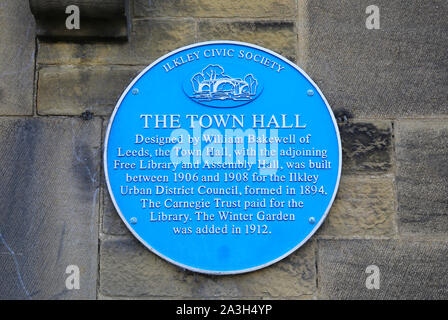 Blue plaque for Ilkley Town Hall on Station Road, designed by William Bakewell, built bewteen 1906 and 1908, in West Yorkshire, UK Stock Photo