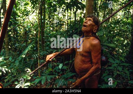 Ecuador, Orellana, Rio Cononaco, blowgun hunting, the Huaorani are one of the last two tribes of hunter-gatherers who live in the heart of the rainforest of Ecuador Stock Photo