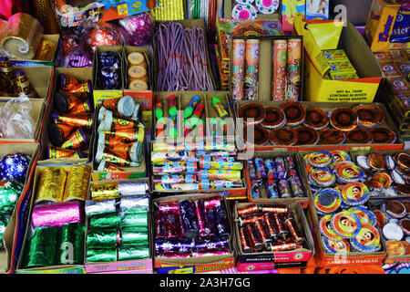 Chanda Bazar, North 24 Parganas, India, 6th October, 2019 : India crackers being sold in a roadside stall like toy guns, like Anaar ( Flowerpots) etc Stock Photo