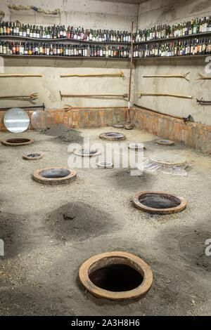 Georgia, Kakheti region, Sighnaghi fortified village, Cradle of Wine Marani winery, traditional wine-making process in clay jars called qvevri Stock Photo