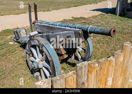 Replica of 15th century falconet, small medieval cannon at the Château de Tiffauges, mediaeval castle in the Vendée, France Stock Photo