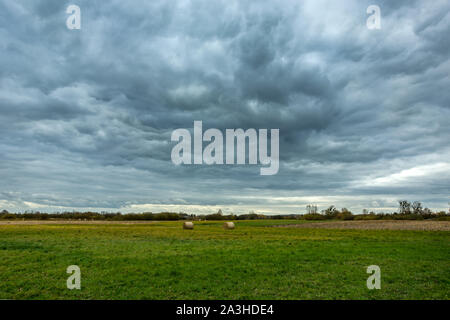 Dark rainy clouds over the meadow in Nowiny, Poland. Stock Photo
