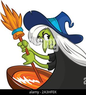 Ugly Halloween Witch Preparing A Potion. Vector illustration of a cartoon witch stirring her spooky brew isolated Stock Vector