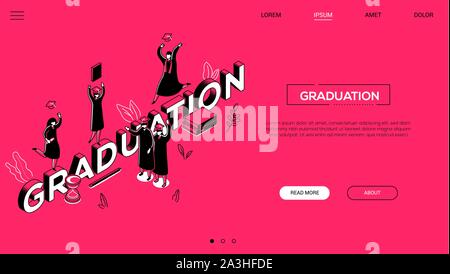 Graduation concept - line design style isometric web banner Stock Vector