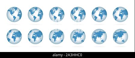 Realistic world globe maps set. 3D blue planets illustration Stock Vector