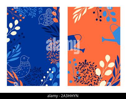 Vector set of vibrant hand drawn floral abstract backgrounds with negative space - banners, posters, cover design templates Stock Vector