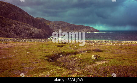 Panorama of the Arctic Ocean, hills and tundra Stock Photo