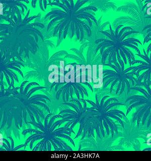 Seamless Background, Tropical Palm Trees, Crowns with Leaves, Green and Blue, Tile Pattern. Vector Stock Vector