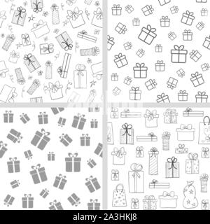 Vector set of seamless patterns with gift boxes. Hand drawn, lineart present boxes. Backgrounds for Christmas, birthday Stock Vector