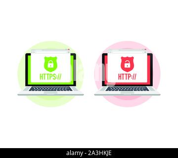 http and https protocols on shield on laptop, on white background. Vector stock illustration Stock Vector