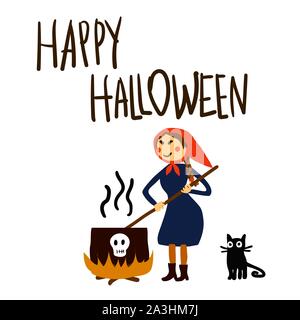 Halloween hand drawn vector illustration with funny witch and a black cat cooking poison Stock Vector