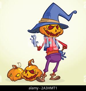Cartoon pumpkin scarecrow. Halloween vector illustration of a happy scarecrow waving. Vector  isolated on white Stock Vector