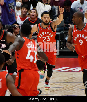 Saitama, Japan. 08th Oct, 2019. Toronto Raptors' Point guard Fred VanVleet celebrates after scores in the first half match against Houston Rockets of the 'NBA Japan Games' in Saitama, Japan on Tuesday, October 8, 2019. Photo by Keizo Mori/UPI Credit: UPI/Alamy Live News Stock Photo