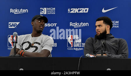 Saitama, Japan. 08th Oct, 2019. Toronto Raptors' Power forward Pascal Siakam and Point guard Fred VanVleet attends a press conference after match between the Houston Rockets and the Toronto Raptors of the 'NBA Japan Games' in Saitama, Japan on Tuesday, October 8, 2019. Photo by Keizo Mori/UPI Credit: UPI/Alamy Live News Stock Photo