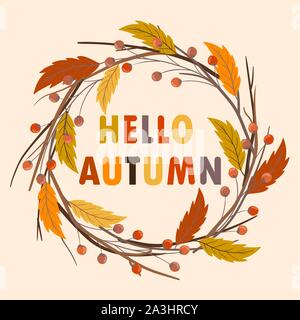 Hand drawn circle frame of autumn branches. Vector Stock Vector