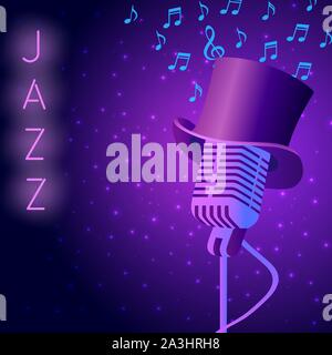 Jazz night party vector glowing poster with cylinder hat, retro mic and negative space Stock Vector